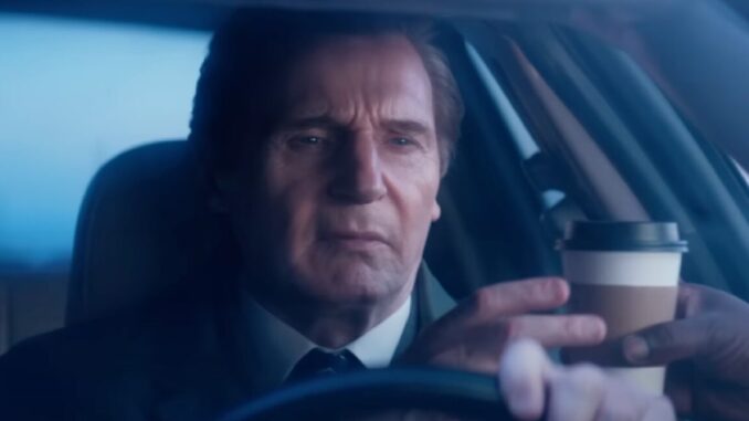 Paramount drops trailer for The Naked Gun reboot close up middle aged man in a suit with a hand handing him a coffee cup through the driver's side window