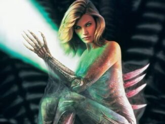 poster art showing a human/alien hybrid woman seated with spikes coming out of her back
