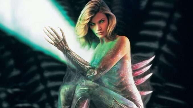 Species at 30 makes for a great guilty pleasure poster art showing a human/alien hybrid woman seated with spikes coming out of her back