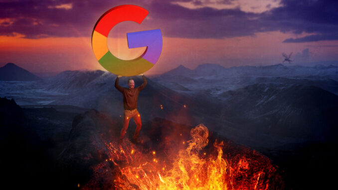 Dumping Google’s enshittified search for Kagi Artist's depiction of the article author heaving a large multicolored "G" into the fires of Mount Doom