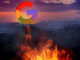 Artist's depiction of the article author heaving a large multicolored "G" into the fires of Mount Doom