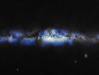 An artist’s composition of the Milky Way seen with a neutrino lens (blue).