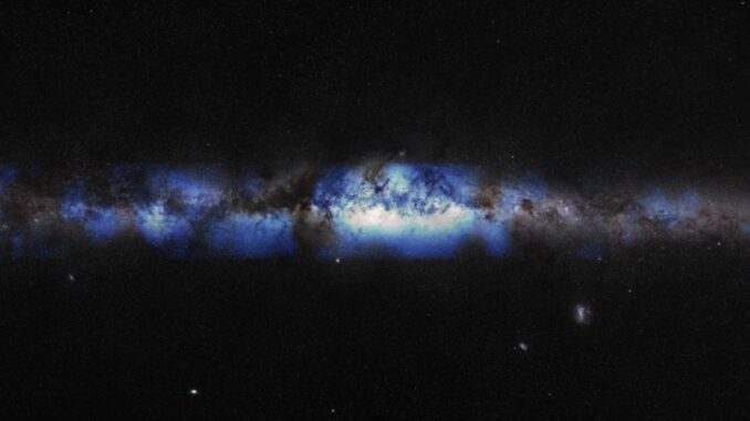 An artist’s composition of the Milky Way seen with a neutrino lens (blue).